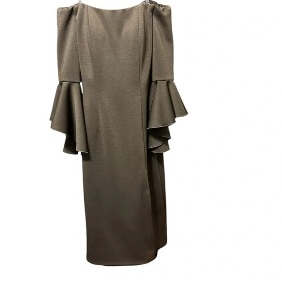 Jovani Navy Black Off the Shoulder Bell Sleeve Midi Dress with Slit Size 6 $690 - Picture 1 of 9